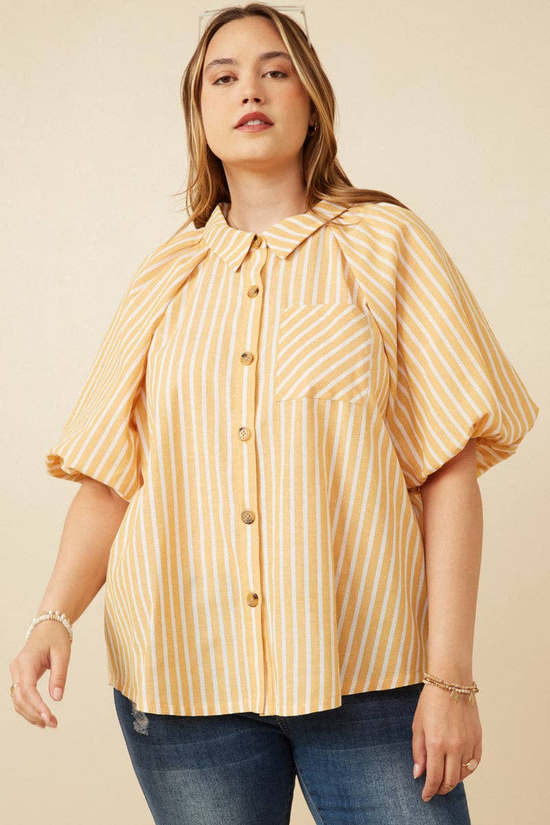 Yellow Stripe Puff Sleeve Button Up (S-3XL)