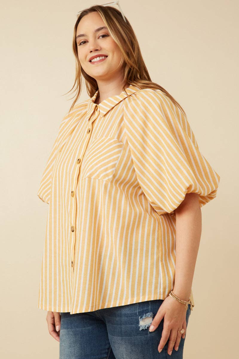 Yellow Stripe Puff Sleeve Button Up (S-3XL)