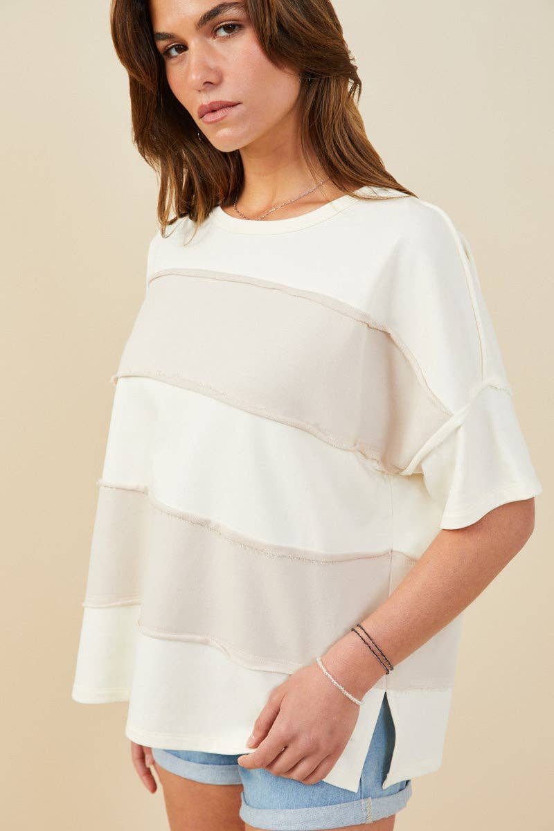 Taupe Raw Edge Color Block Top (S-3XL)