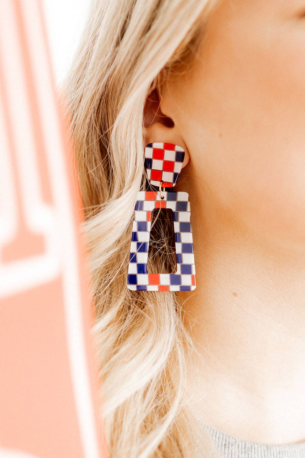 Blue and Red Checkered- Kennedy Statement Earrings