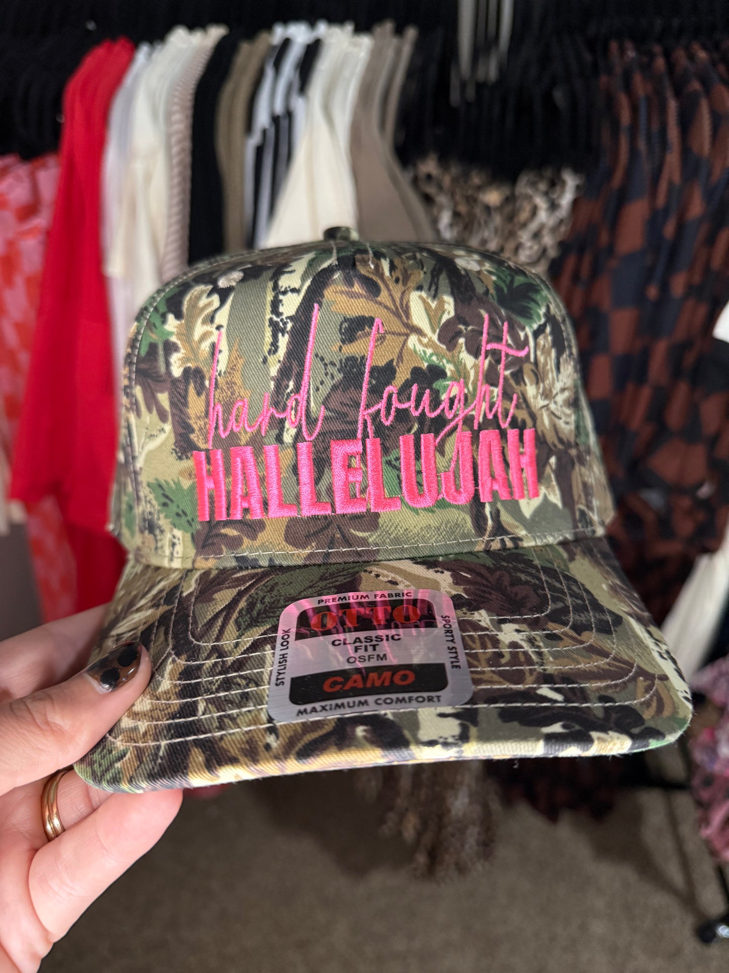 Hard Fought Hallelujah Hat- camo and pink