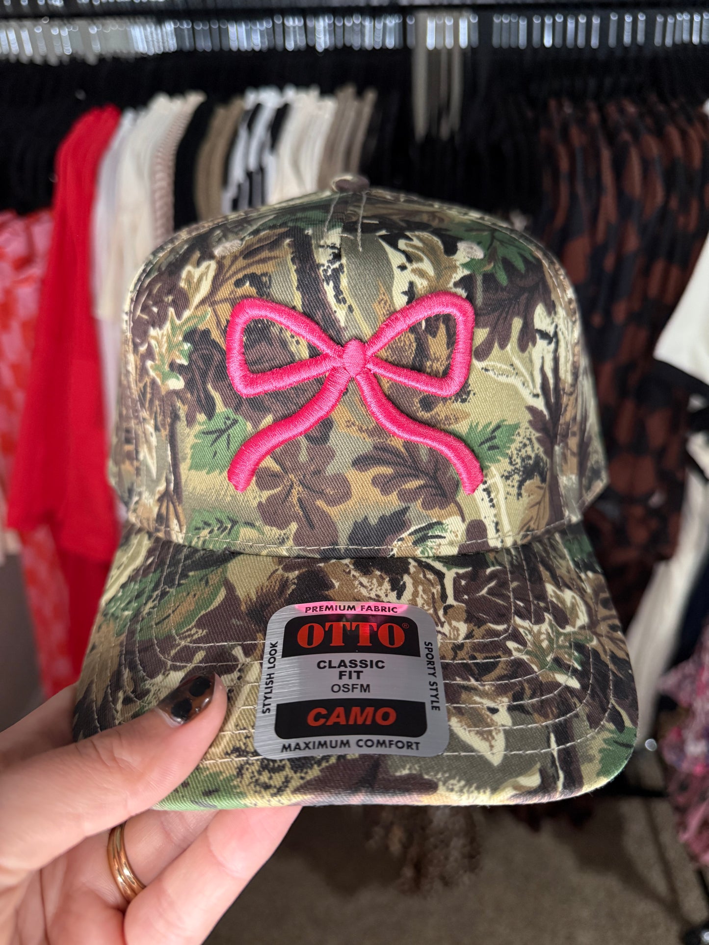 Bow Hat- camo with pink