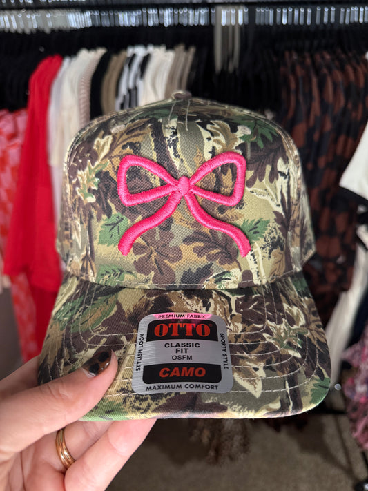 Bow Hat- camo with pink