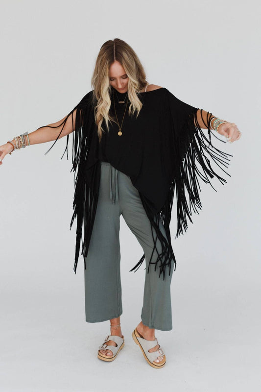 Western Showstopper Fringe Top- Black (S-XL)