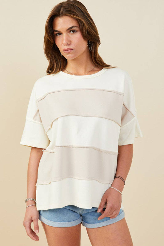 Taupe Raw Edge Color Block Top (S-3XL)