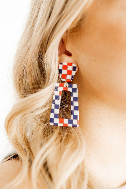 Blue and Red Checkered- Kennedy Statement Earrings