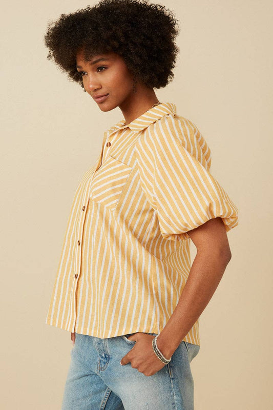 Yellow Stripe Puff Sleeve Button Up (S-3XL)