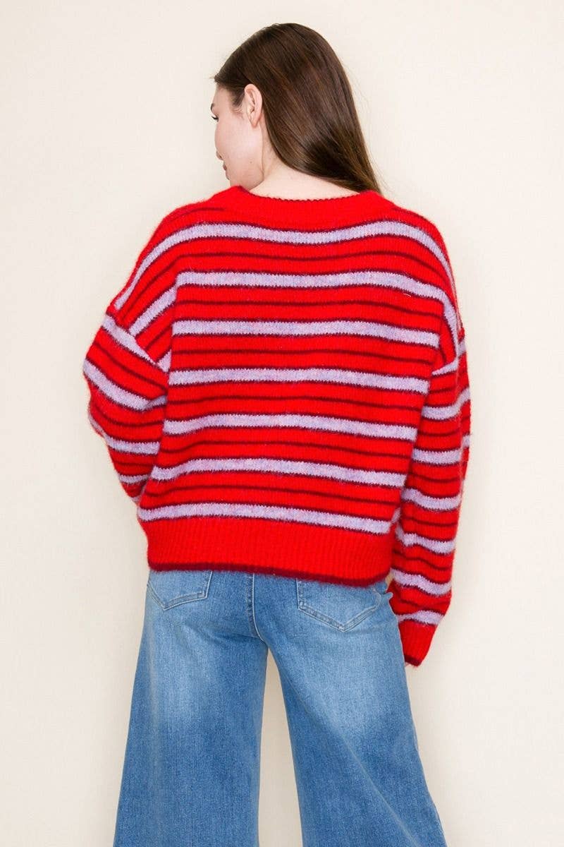 Red Long Sleeve Striped Knit Sweater (S-3XL)