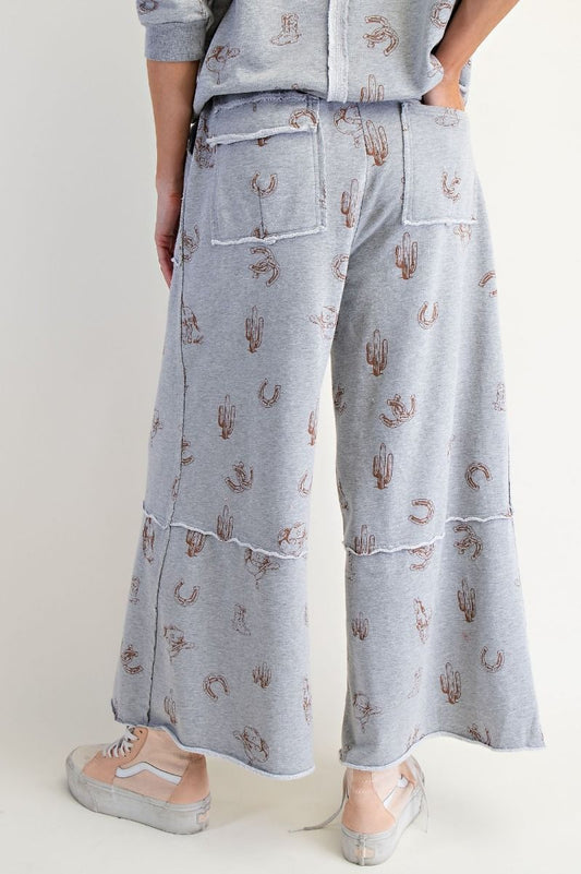 Western Print Pants- Heather Gray (1XL-3XL)
