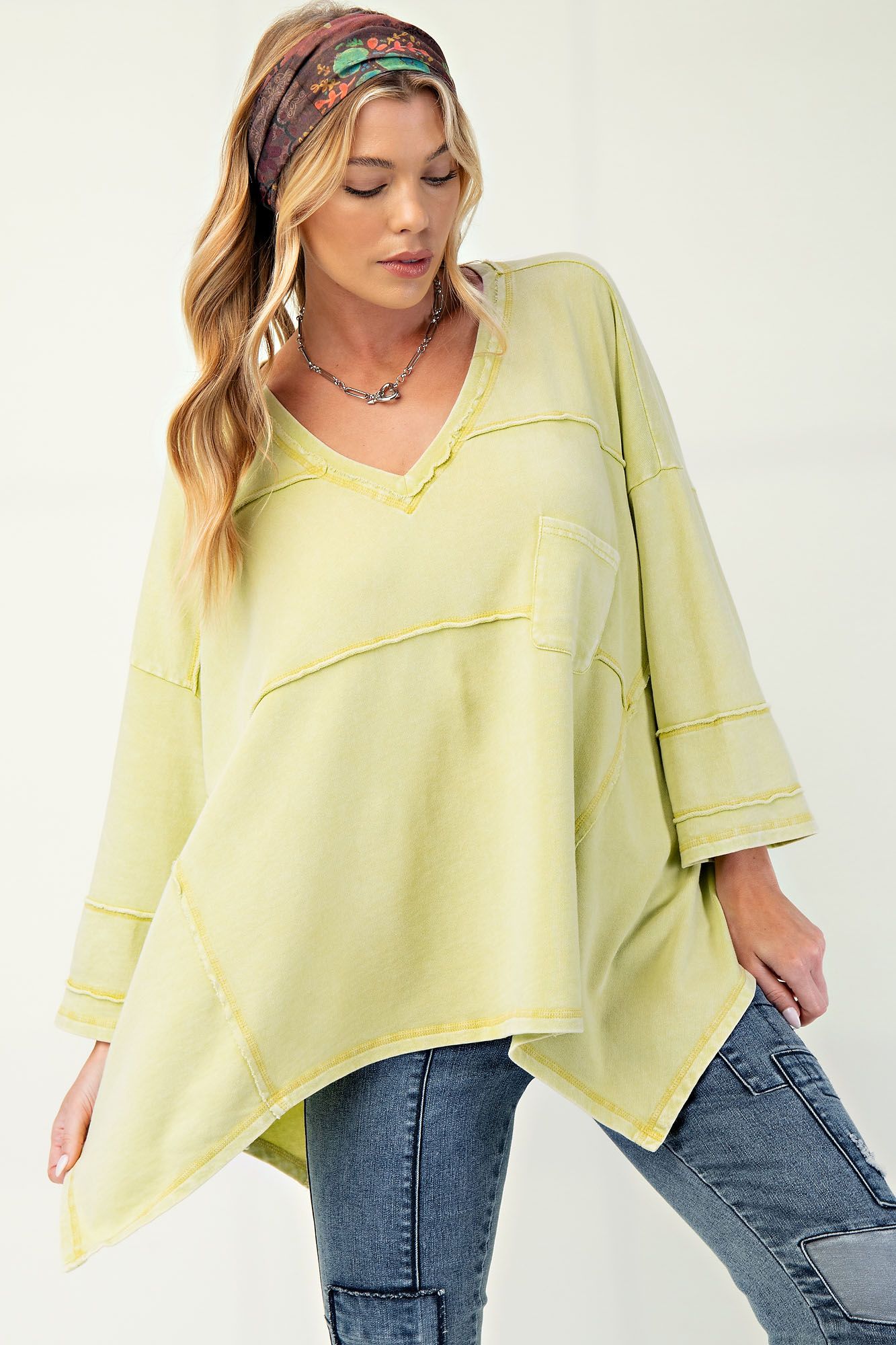 Mineral Washed V Neck- Khaki (1XL-3XL)