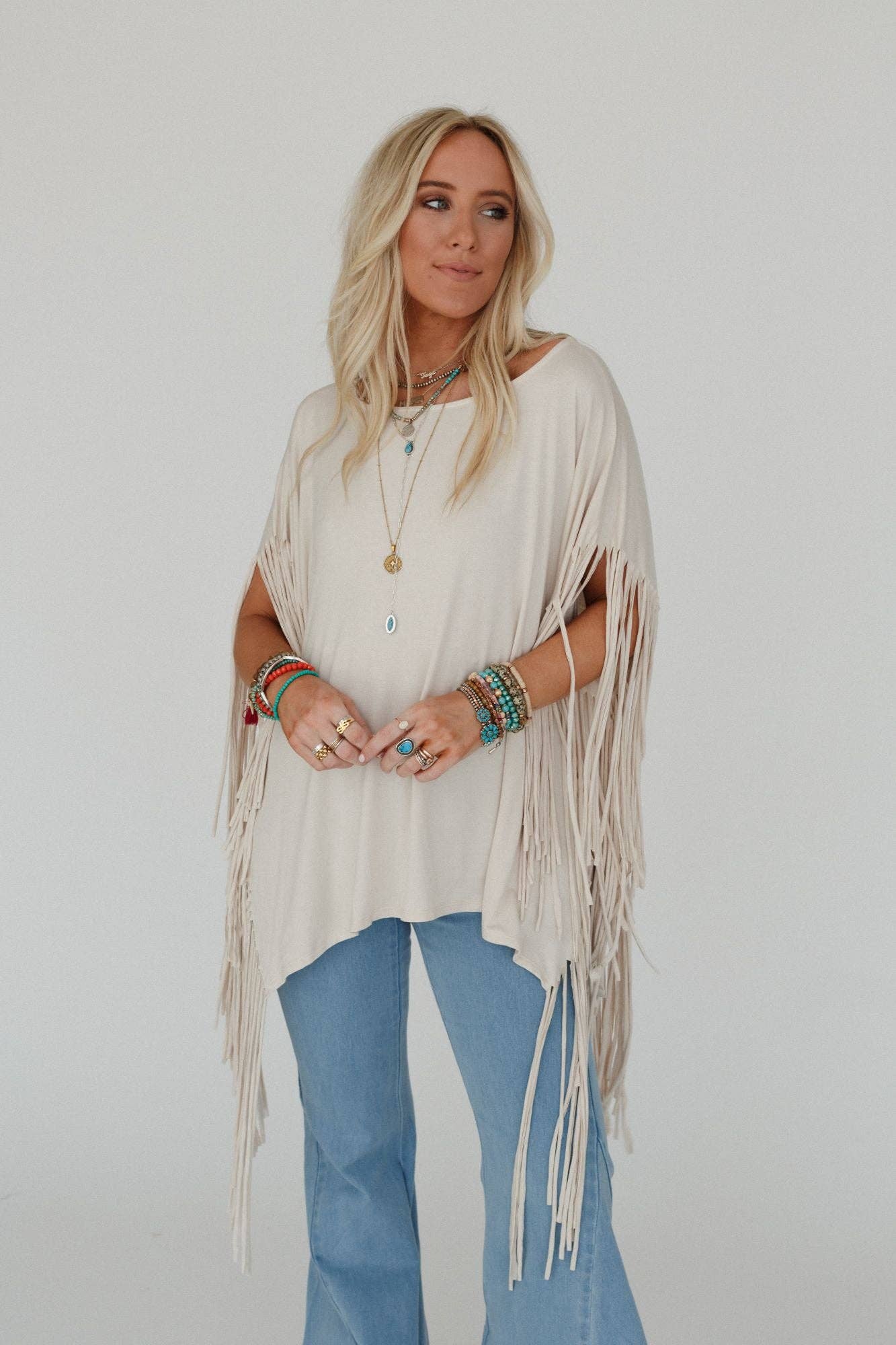 Western Showstopper Fringe Top - Oat (S-XL)