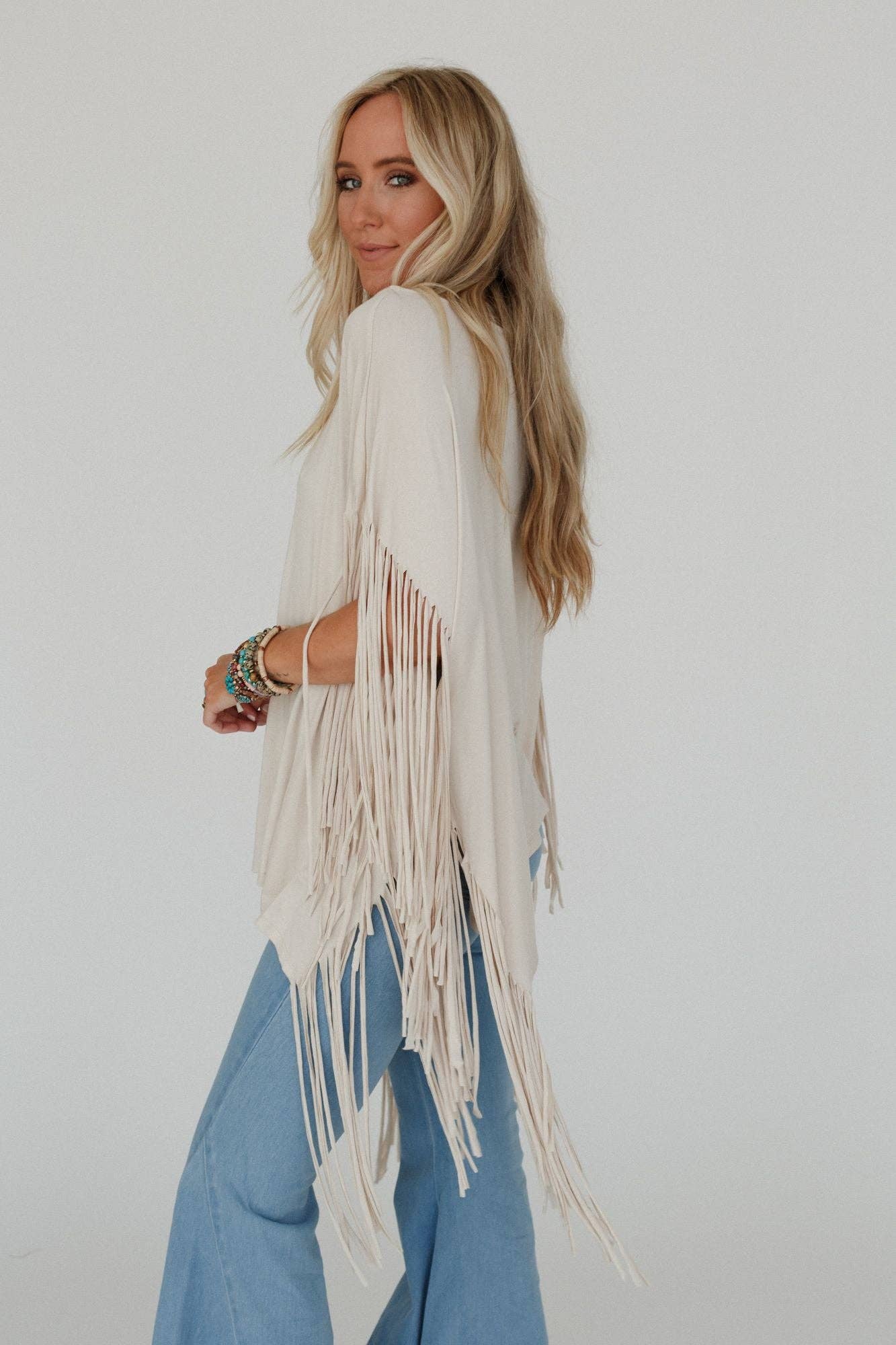 Western Showstopper Fringe Top - Oat (S-XL)