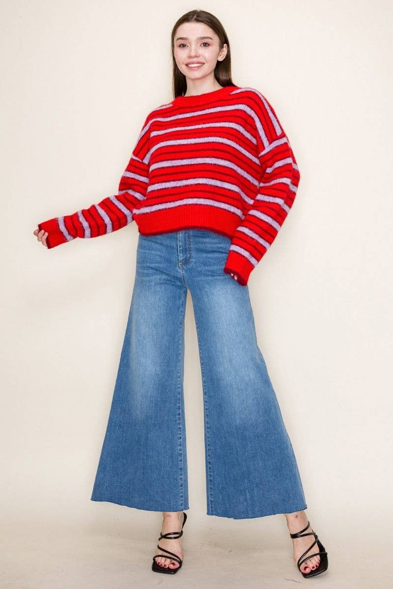Red Long Sleeve Striped Knit Sweater (S-3XL)