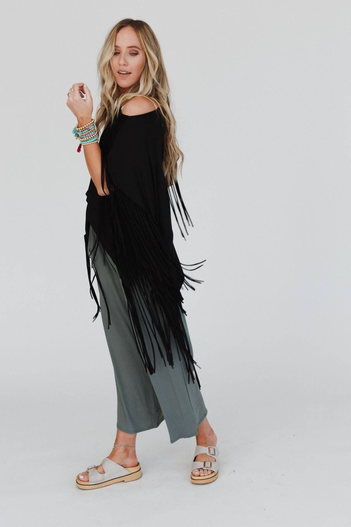 Western Showstopper Fringe Top- Black (S-XL)