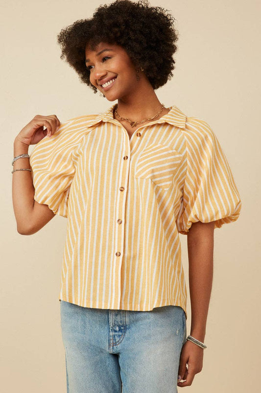 Yellow Stripe Puff Sleeve Button Up (S-3XL)