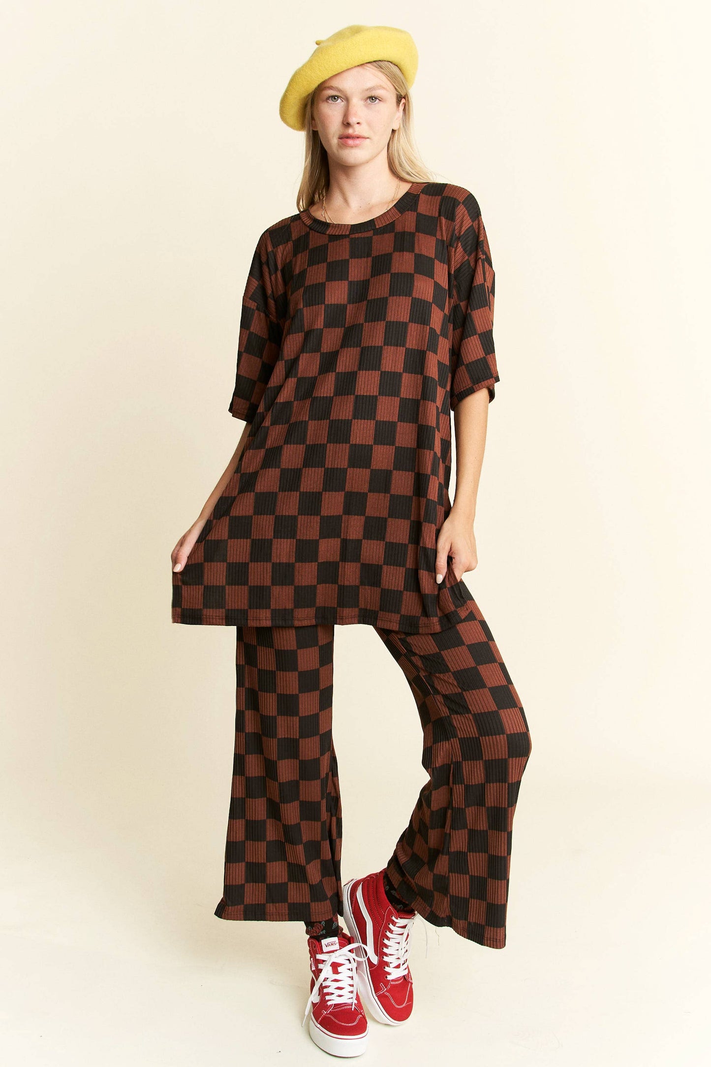 Ribbed Checkered Print Pant Set (S-3XL)