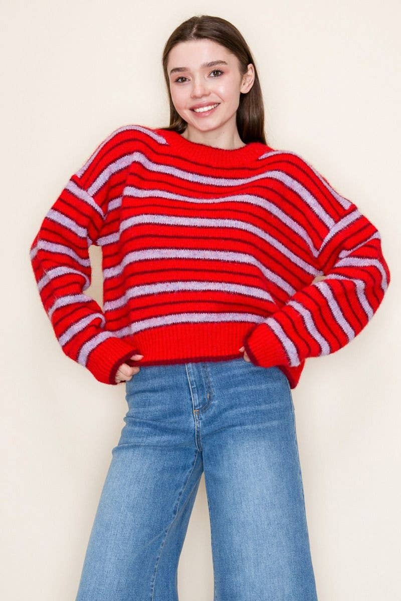 Red Long Sleeve Striped Knit Sweater (S-3XL)