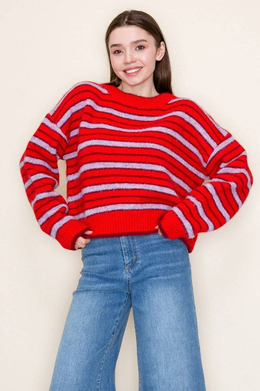 Red Long Sleeve Striped Knit Sweater (S-3XL)
