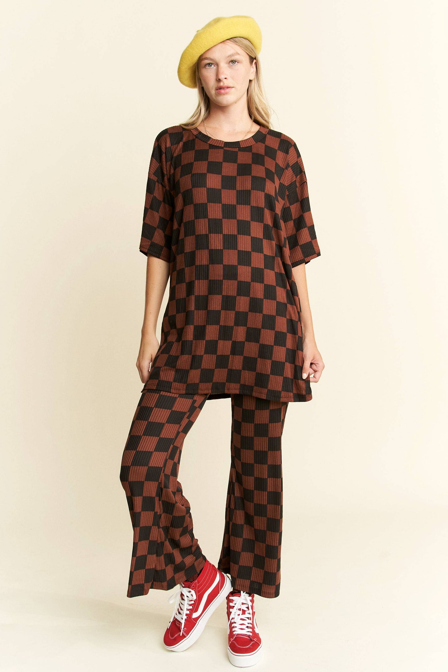 Ribbed Checkered Print Pant Set (S-3XL)