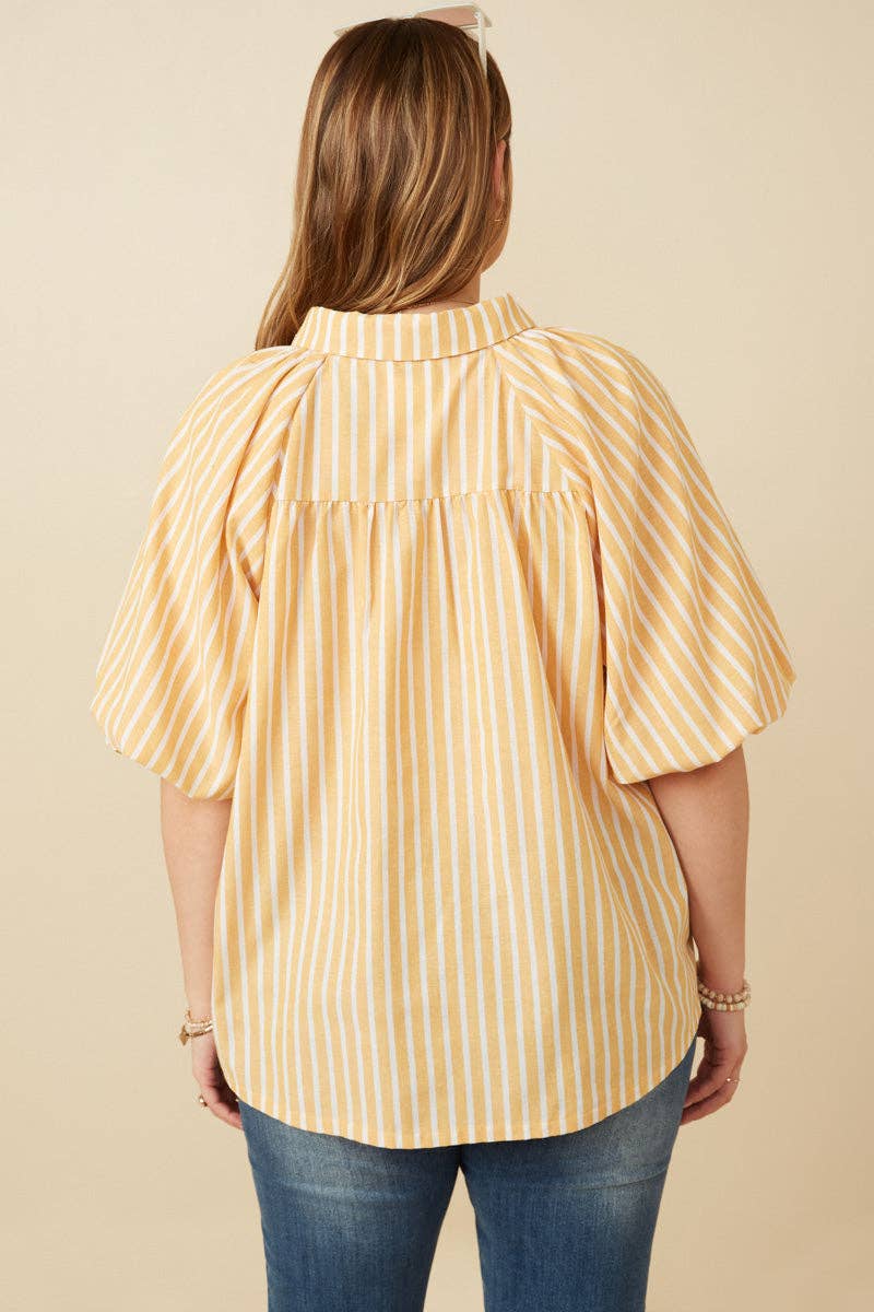 Yellow Stripe Puff Sleeve Button Up (S-3XL)
