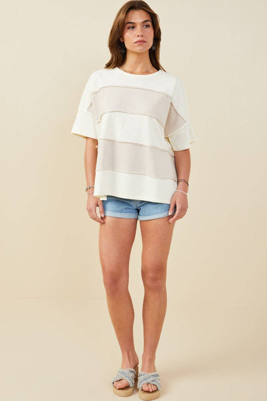Taupe Raw Edge Color Block Top (S-3XL)