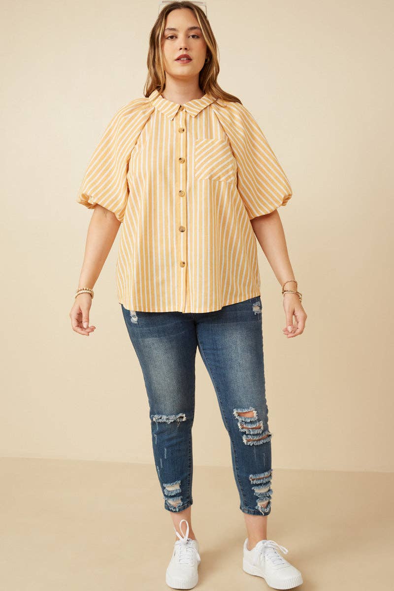 Yellow Stripe Puff Sleeve Button Up (S-3XL)