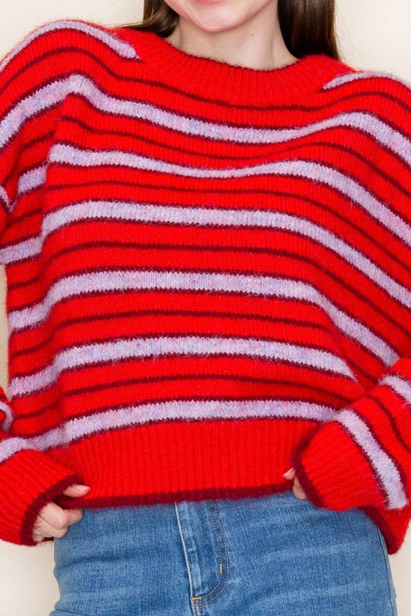 Red Long Sleeve Striped Knit Sweater (S-3XL)