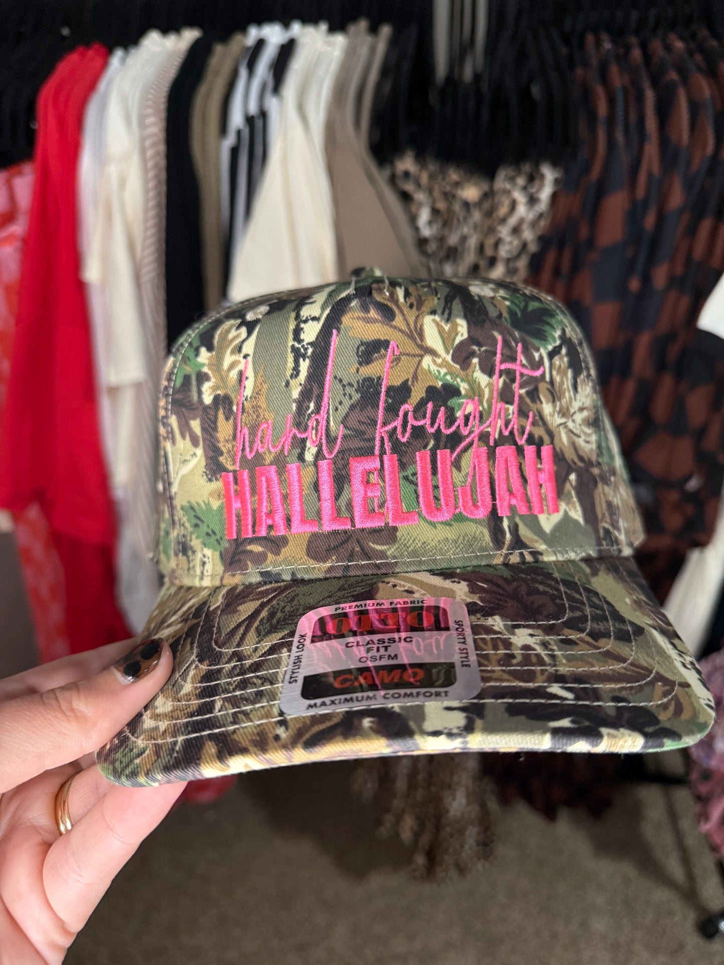 Hard Fought Hallelujah Hat- camo and pink