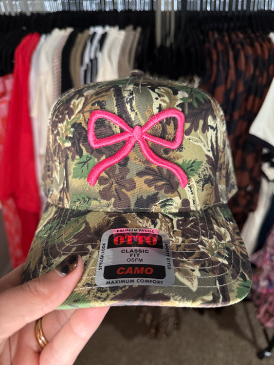 Bow Hat- camo with pink