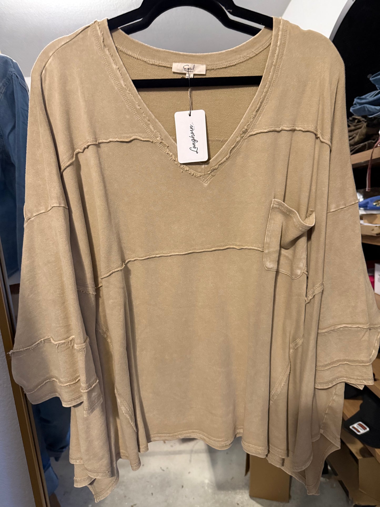 Mineral Washed V Neck- Khaki (1XL-3XL)