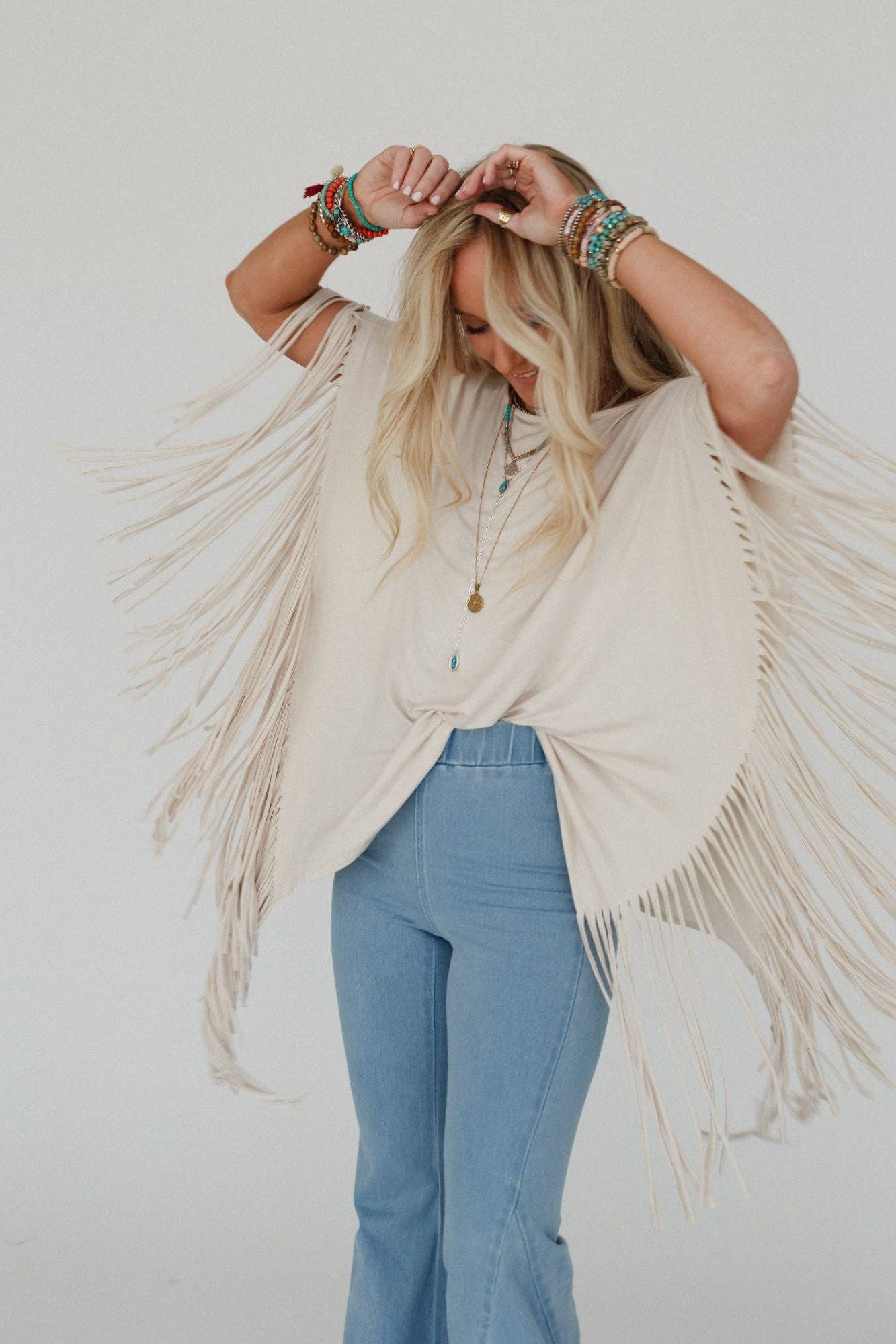 Western Showstopper Fringe Top - Oat (S-XL)