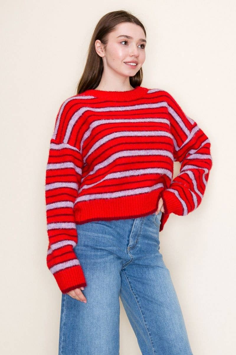 Red Long Sleeve Striped Knit Sweater (S-3XL)