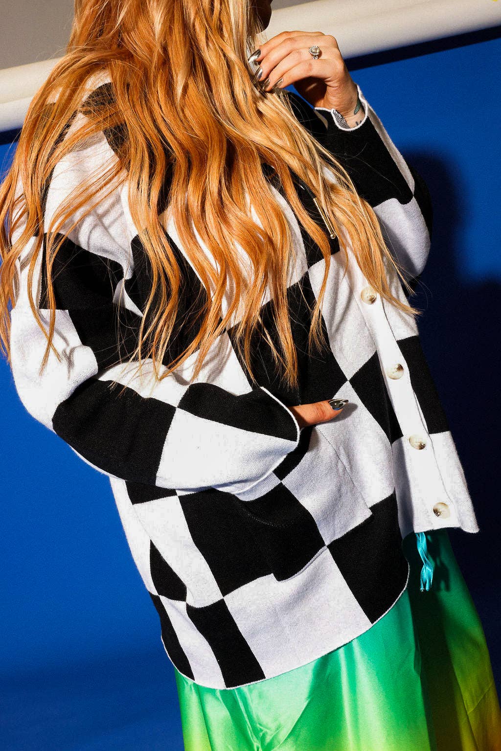 Checkmate Black and White Checkered Oversized Cardigan: (S-3X)