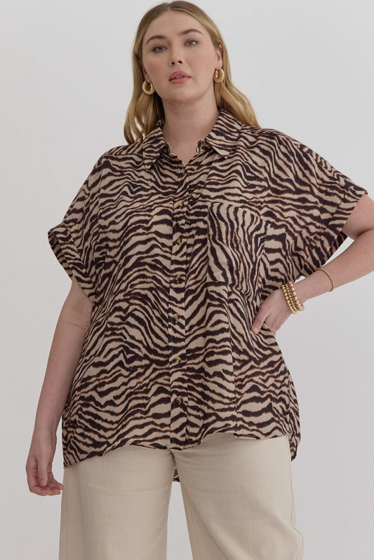 Mocha Zebra Button Up (XL-2XL)