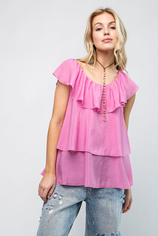 Ruffled U Neck- Barbie Pink (S-3XL)