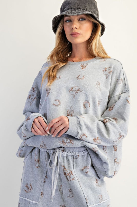Western Print Pullover- Heather Gray (1XL-3XL)
