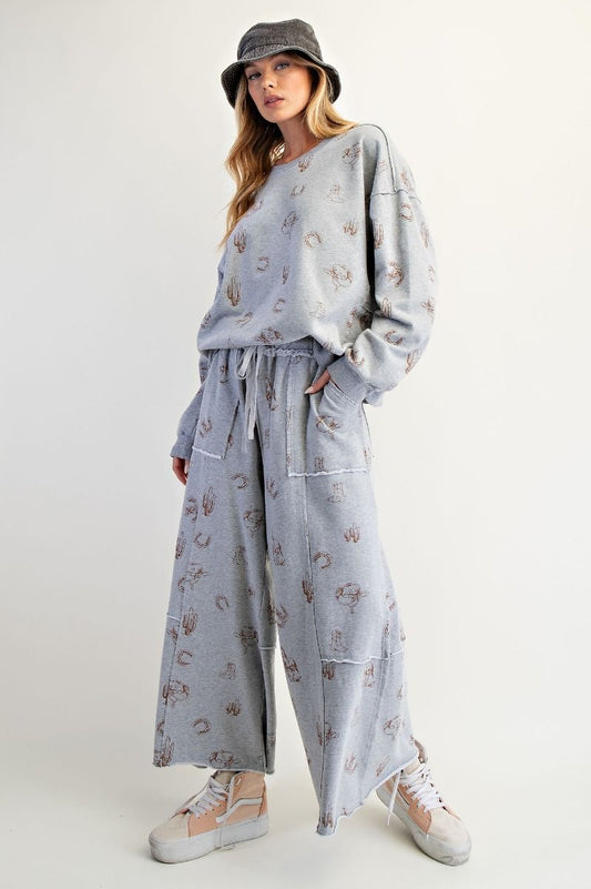 Western Print Pants- Heather Gray (1XL-3XL)