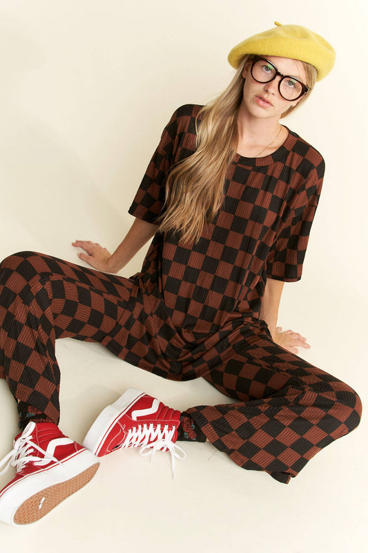 Ribbed Checkered Print Pant Set (S-3XL)